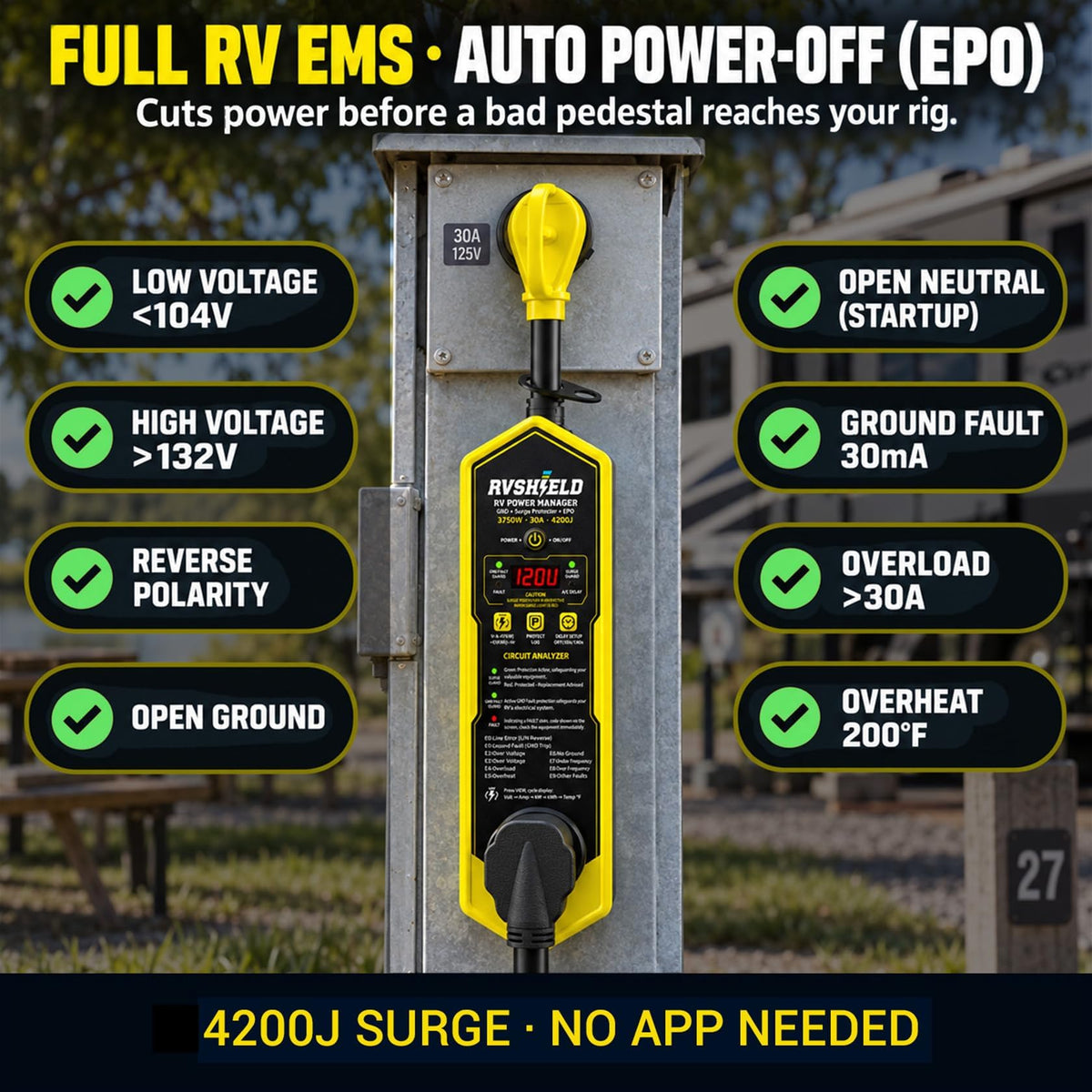 RVShield 30 Amp RV EMS Surge Protector & Power Manager, 9 Codes