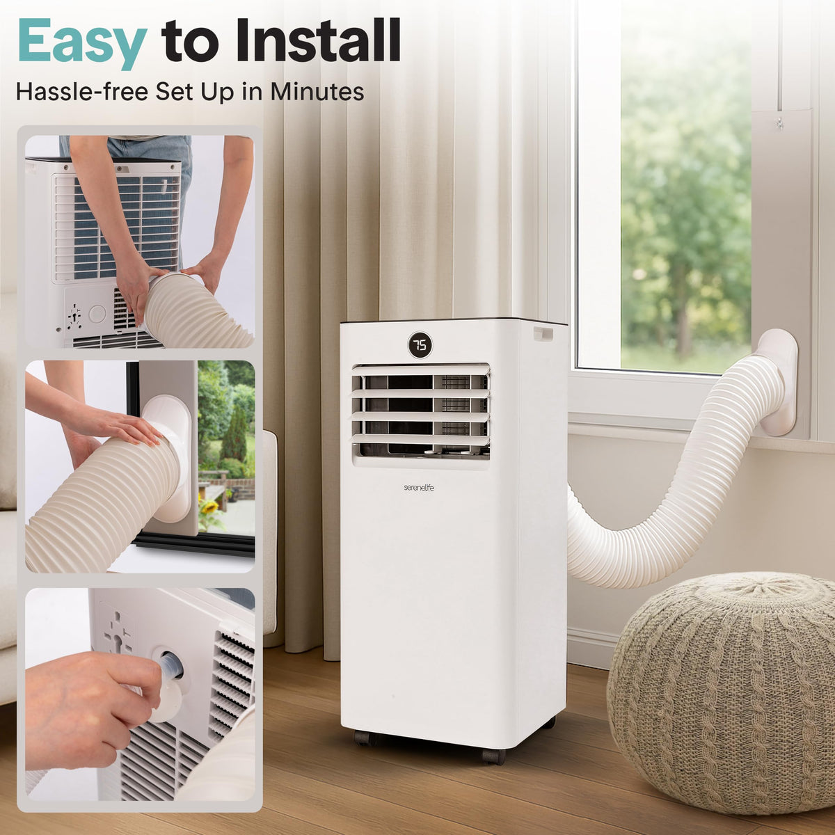 SereneLife 8000 BTU Portable Air Conditioner with Heat, Compact 4-in-1 Portable AC & Heater for Room Up to 350 Sq Ft with Dehumidifier & Fan Function, Remote Control, Window Mount Kit, 13" x 11" x 26"