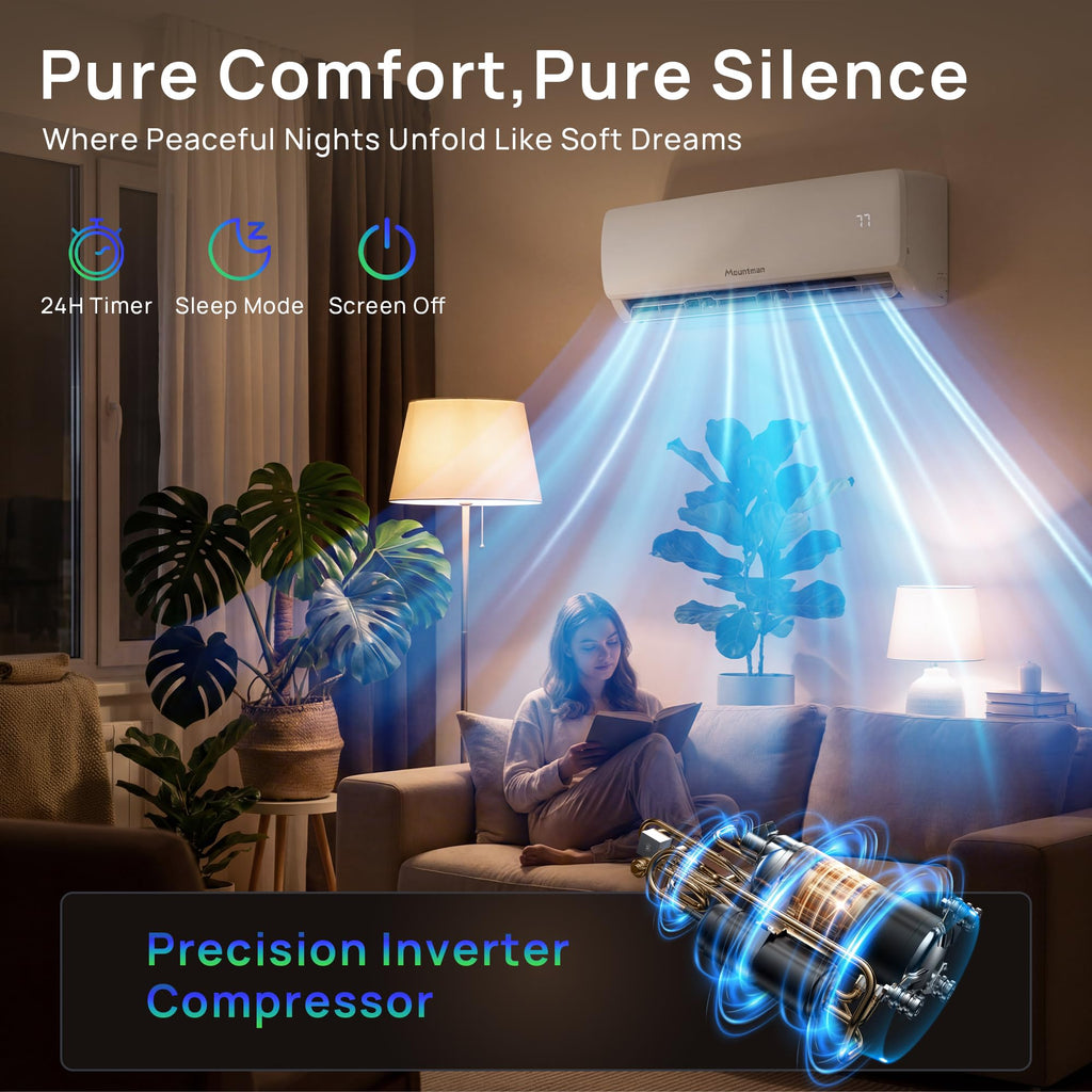 Mountman 12000BTU Mini Split AC/Heating System, 19SEER2 115V Energy Efficient Mini Split Air Conditioner with Heat Pump, Cools Up to 750sq.ft, Ductless Inverter AC Unit with Pre-Charged Condenser