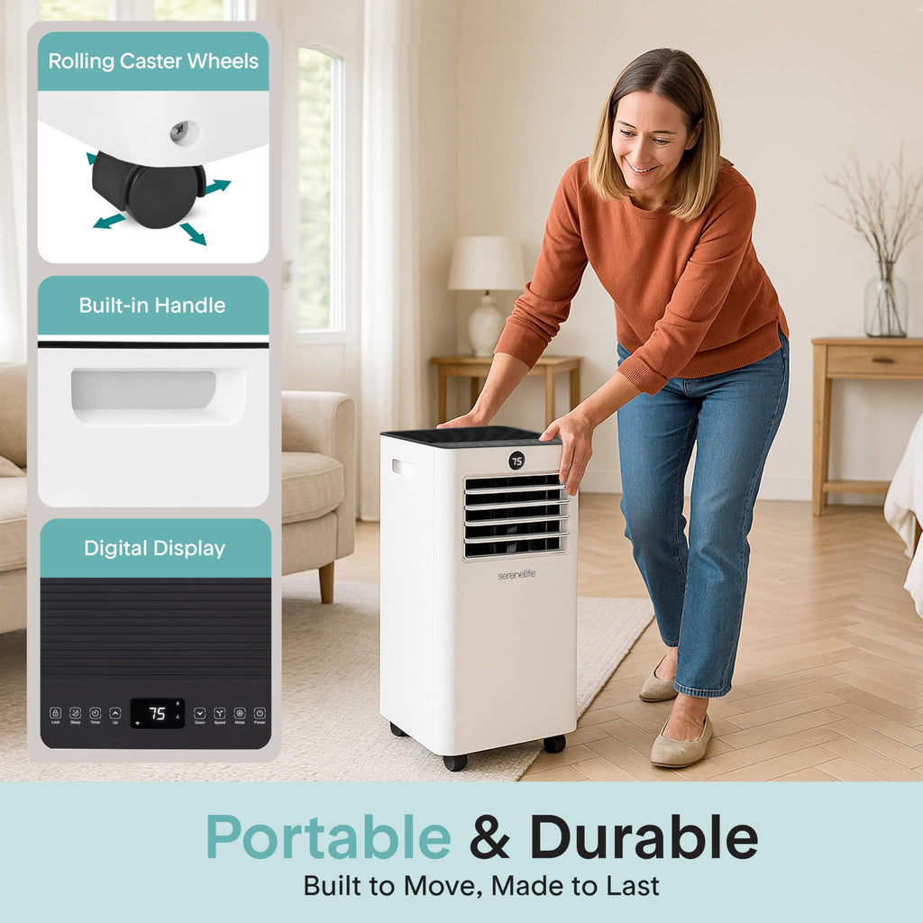 SereneLife 8000 BTU Portable Air Conditioner with Heat, Compact 4-in-1 Portable AC & Heater for Room Up to 350 Sq Ft with Dehumidifier & Fan Function, Remote Control, Window Mount Kit, 13" x 11" x 26"