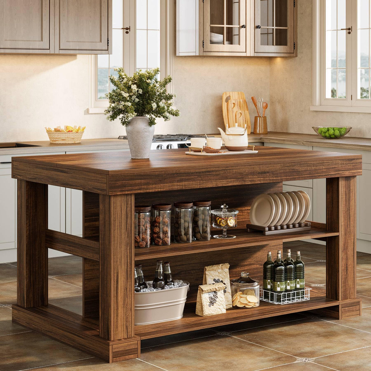 Tribesigns 55" Kitchen Island with Seating and Storage, 3-Tier, Modern