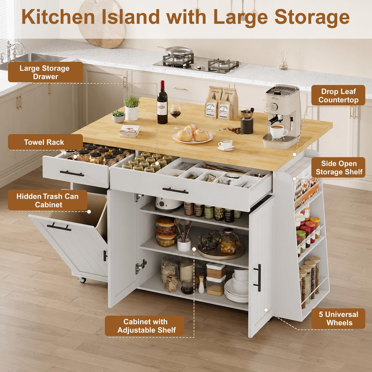 65" Kitchen Island with Drop Leaf, Rolling Island with Spice Rack & Towel Rack, Mobile Kitchen Island Cart with 2 Draws & Trash Storage Cabinet, Portable Island Table on Wheels for Kitchen