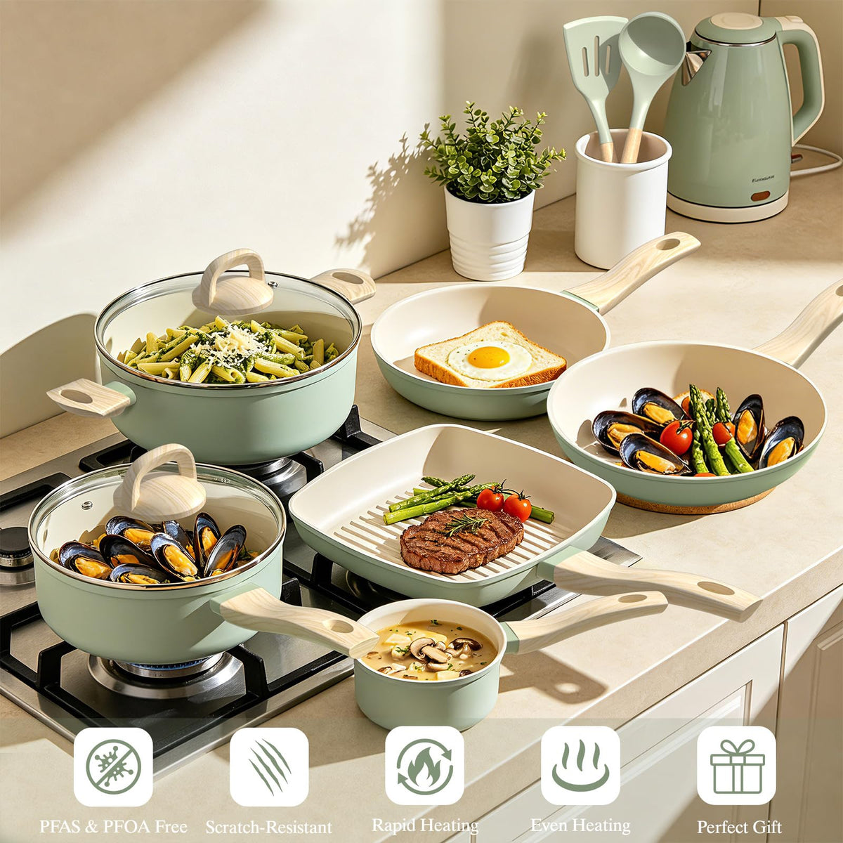 Pots and Pans Set Nonstick, Umite Chef 31-Piece Induction Cookware & Bakeware Set with Frying Pans, Saucepan, Grill Pan, Baking Sheet & Utensils, PFOA-Free Kitchen Starter Set (Sage Green)
