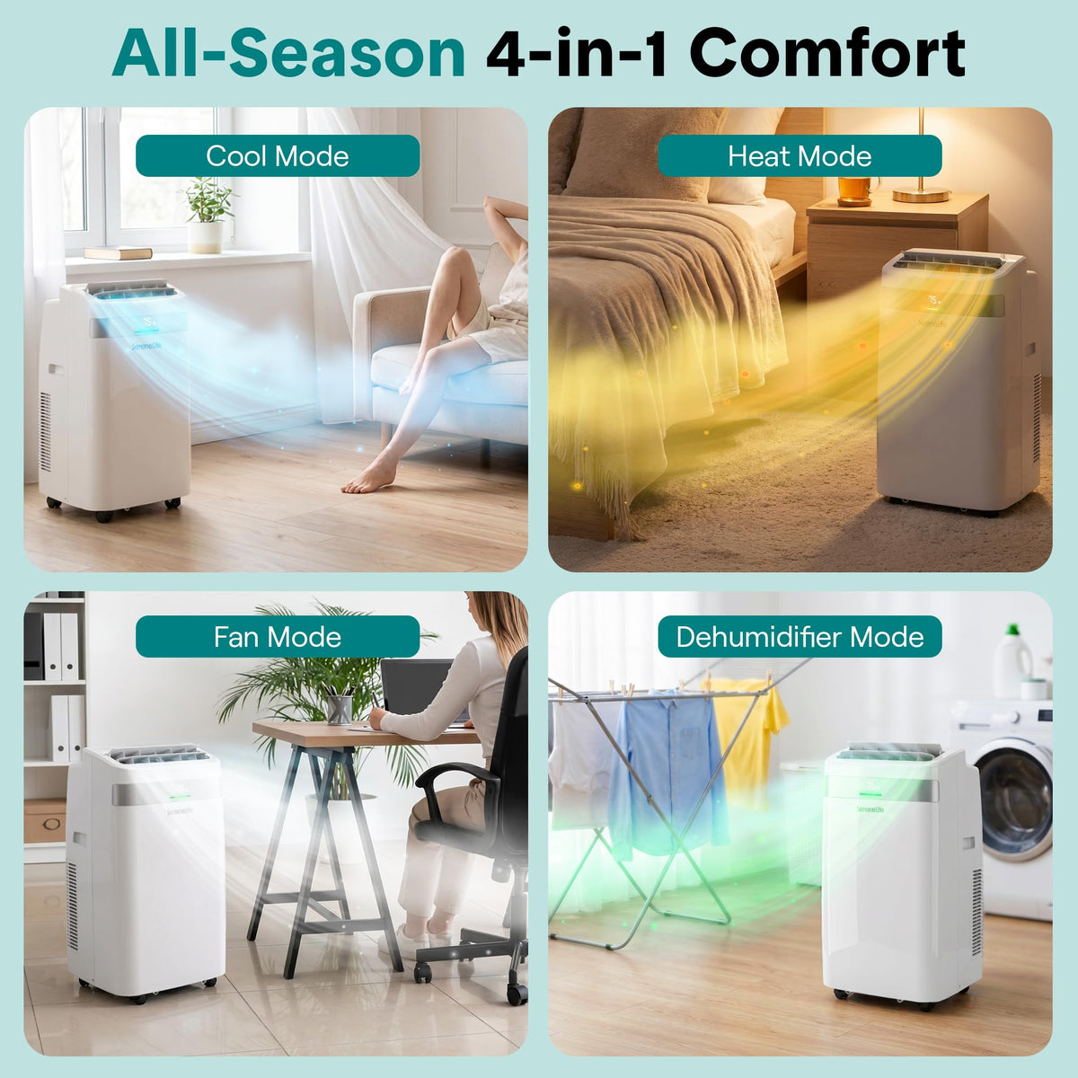 SereneLife Portable Air Conditioner and Heater, 14000 BTU Cooling & Heating with Wi-Fi Control, Dehumidifier & Fan Modes, Portable AC Unit with Window Mount Kit, Best for Rooms, White