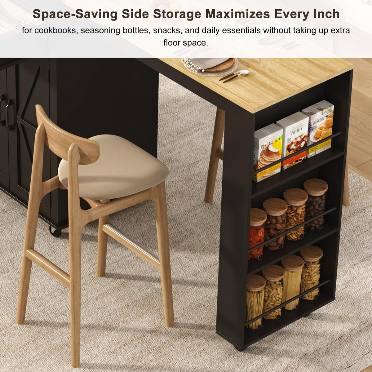 81.6"-51" Extendable Rolling Kitchen Island with Extended Dining Table & Power Outlet, Mobile Kitchen Storage Islands with Trash Cabinet, Large Islands Cart with Storage and 2 Seatings, Black