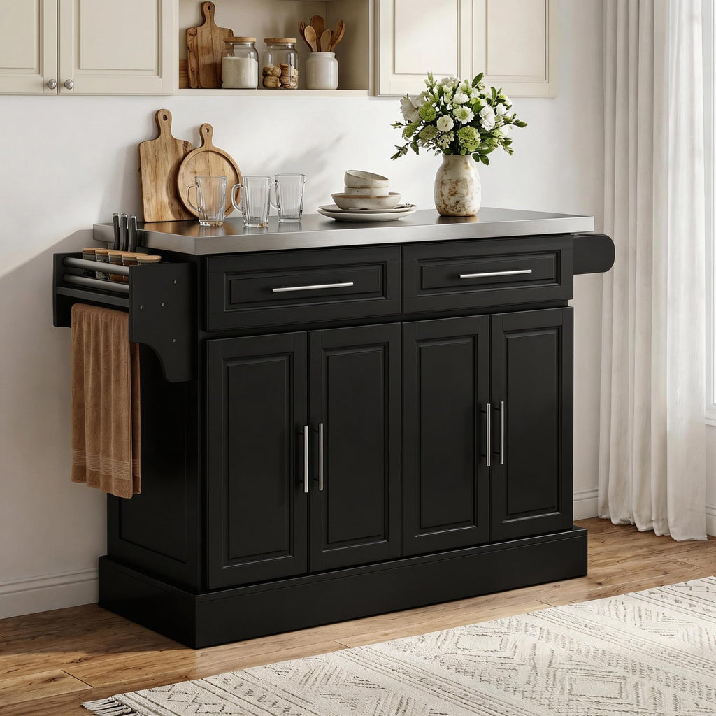 HOMCOM Rolling Kitchen Island Cart with 47" Stainless Steel Top Black