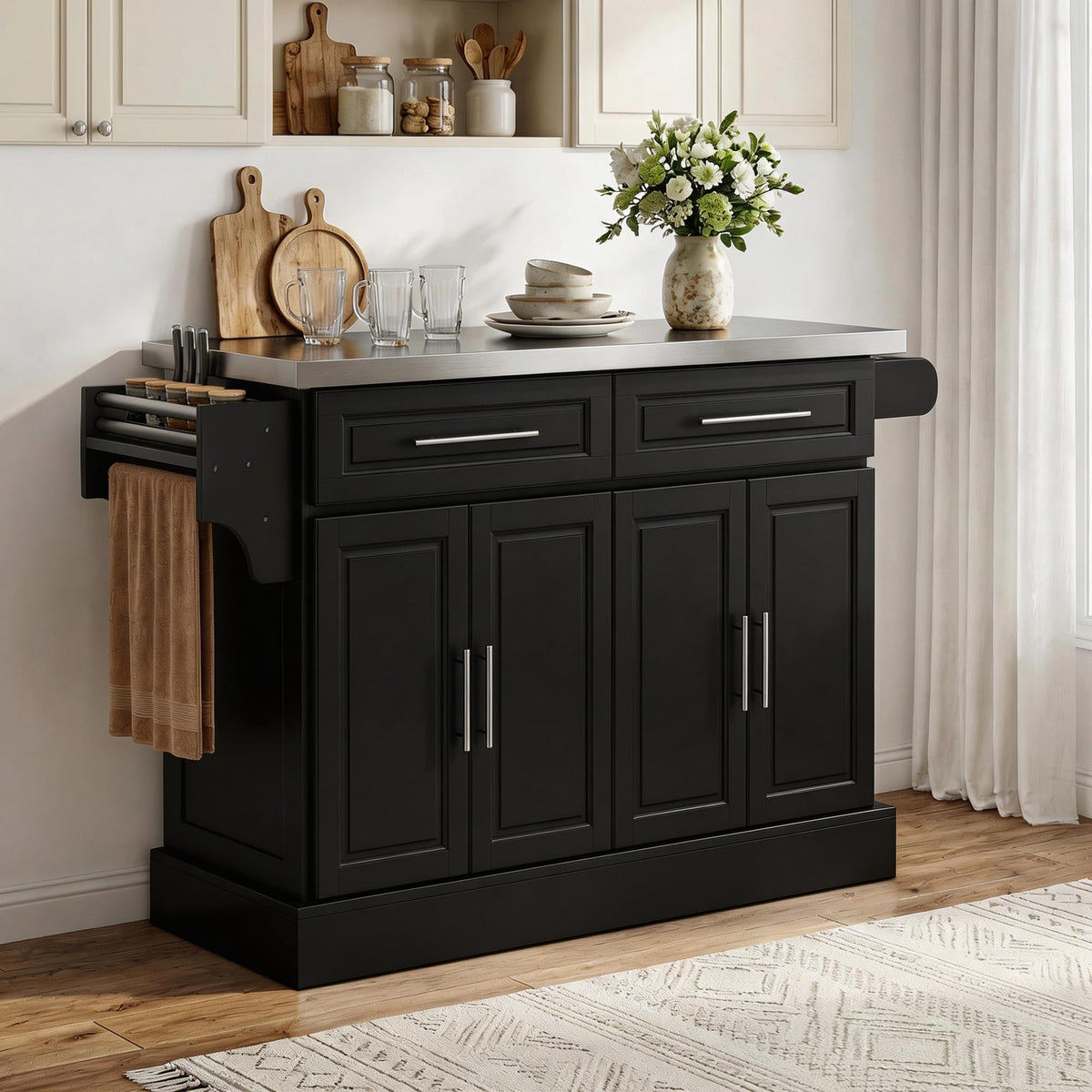 HOMCOM Rolling Kitchen Island Cart with 47" Stainless Steel Top Black