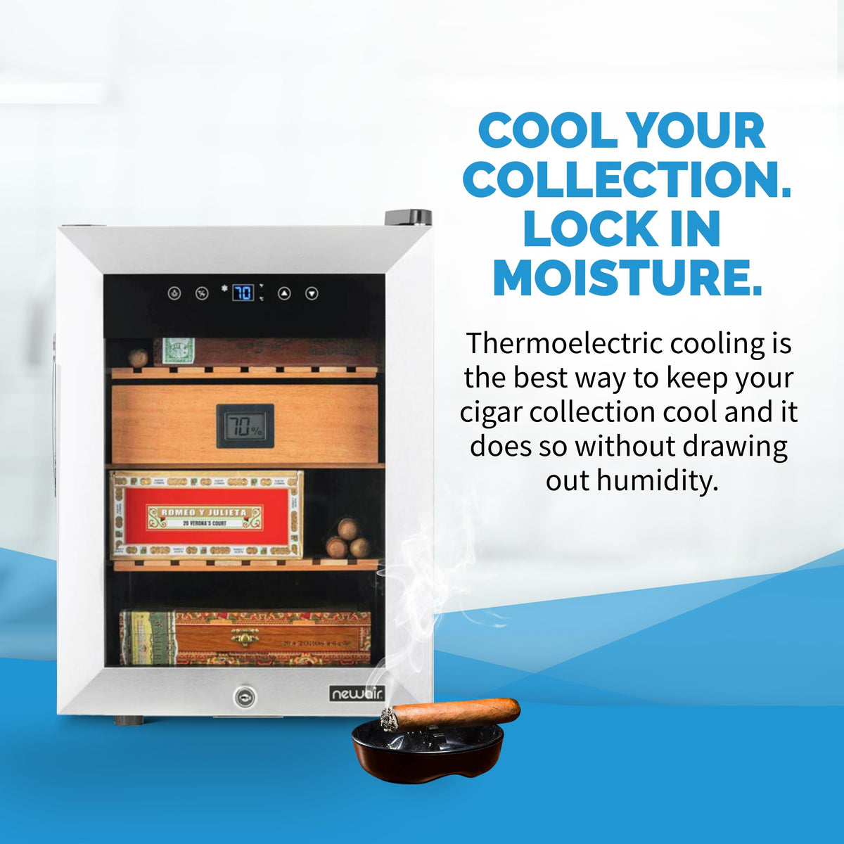 NewAir 250 Count Electric Cigar Humidor Box | Cigar Cooler Cabinet with Opti-Temp™ Heating & Cooling | Digital Temperature Controls, Spanish Cedar Shelves, and Locking Glass Door | Stainless Steel