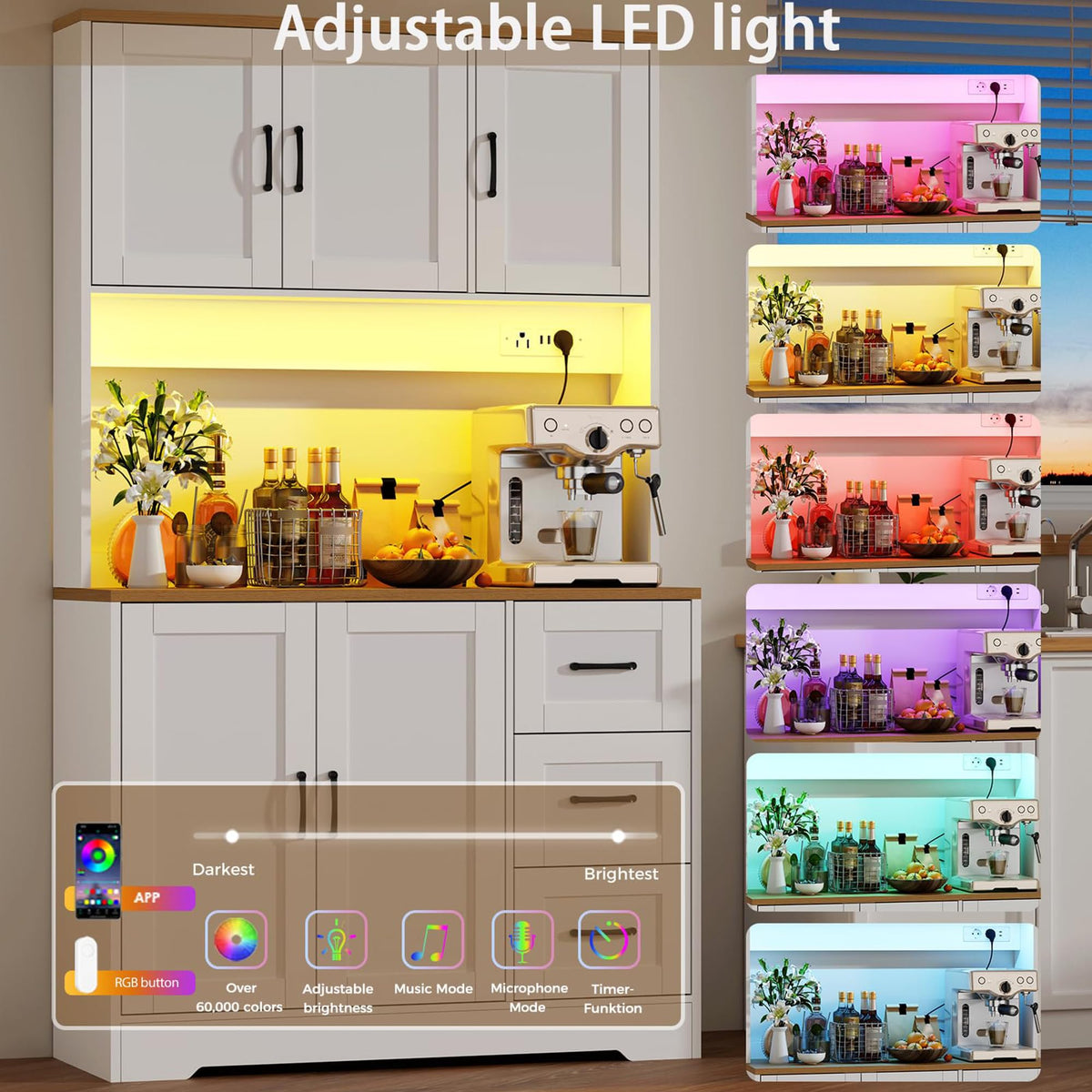 BEWISHOME 72" LED Tall Kitchen Pantry Storage Cabinet with Countertop