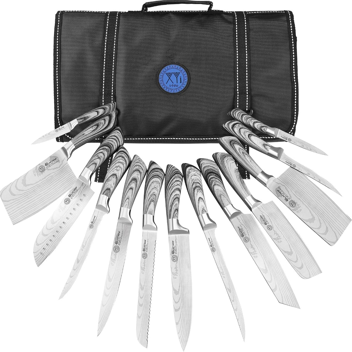 XYJ 19-Piece Kitchen Knife Set, Damascus Pattern Stainless Steel Blades, Ergonomic Grey Wood-Effect Handles, Multipurpose Professional Chef Knives for Cooking