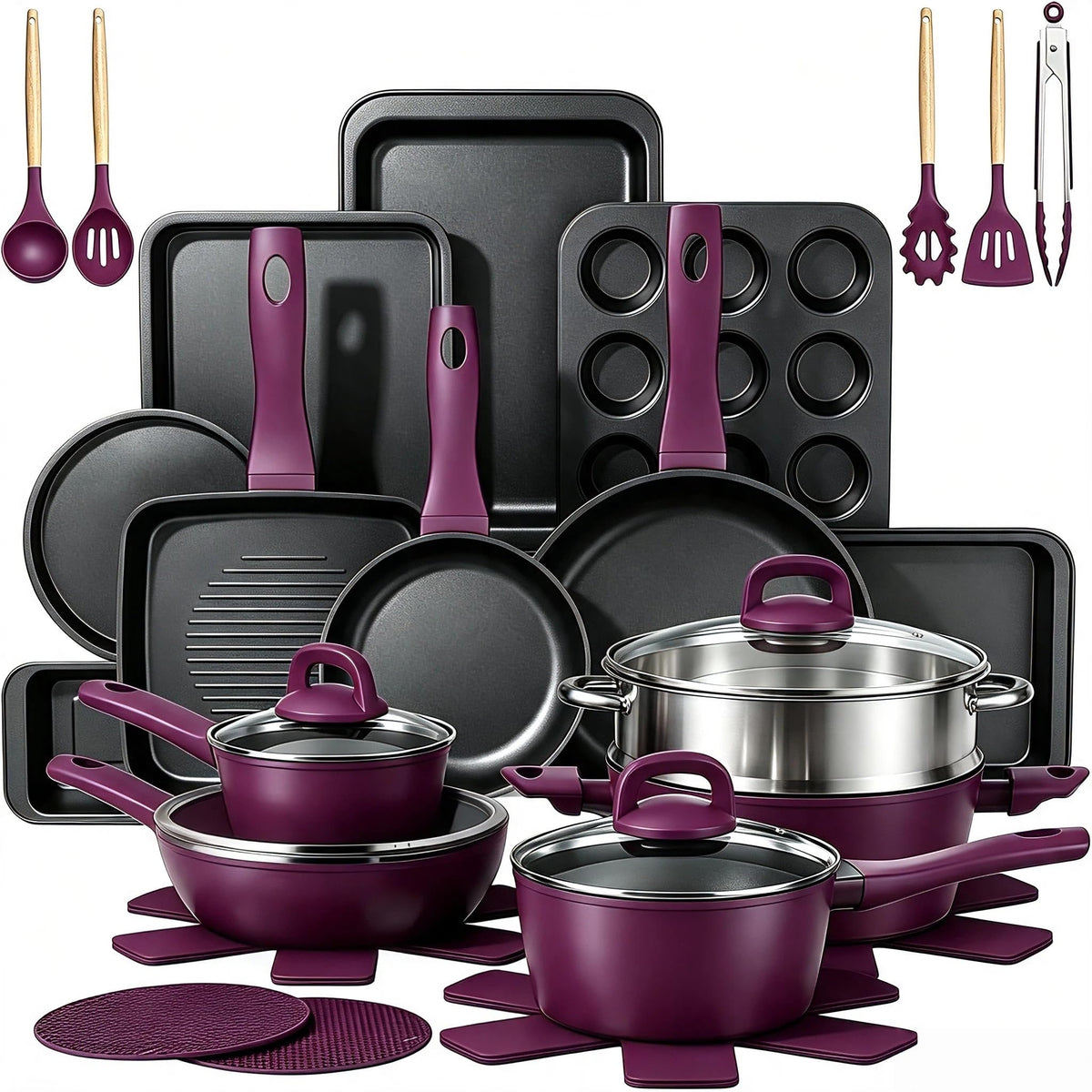 Pots and Pans Set Non Stick, 31 Piece Kitchen Induction Cookware & Bakeware Set, Nonstick Kitchen Cooking Pans Set with Frying Pans Set Grill Pan Saucepan Baking Sheet & Utensils, PFOA Free
