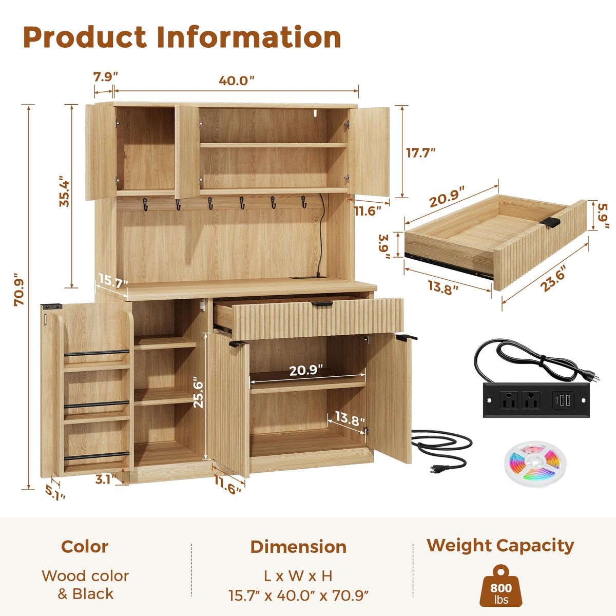 Fluted Kitchen Pantry Storage Cabinet with Charging Station & LED Lights