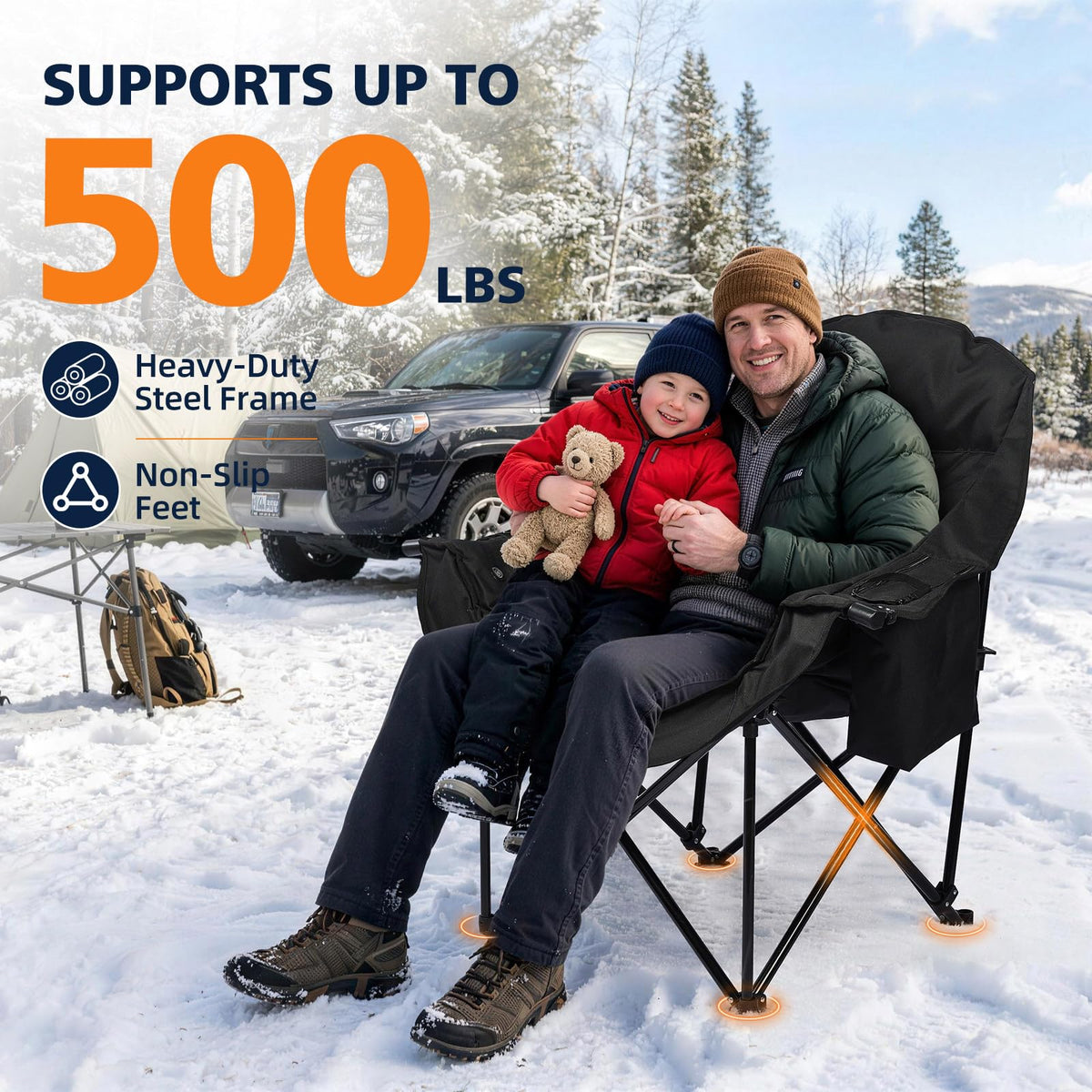 Heated Camping Chair - Oversized Padded Outdoor Folding Comfy Chair