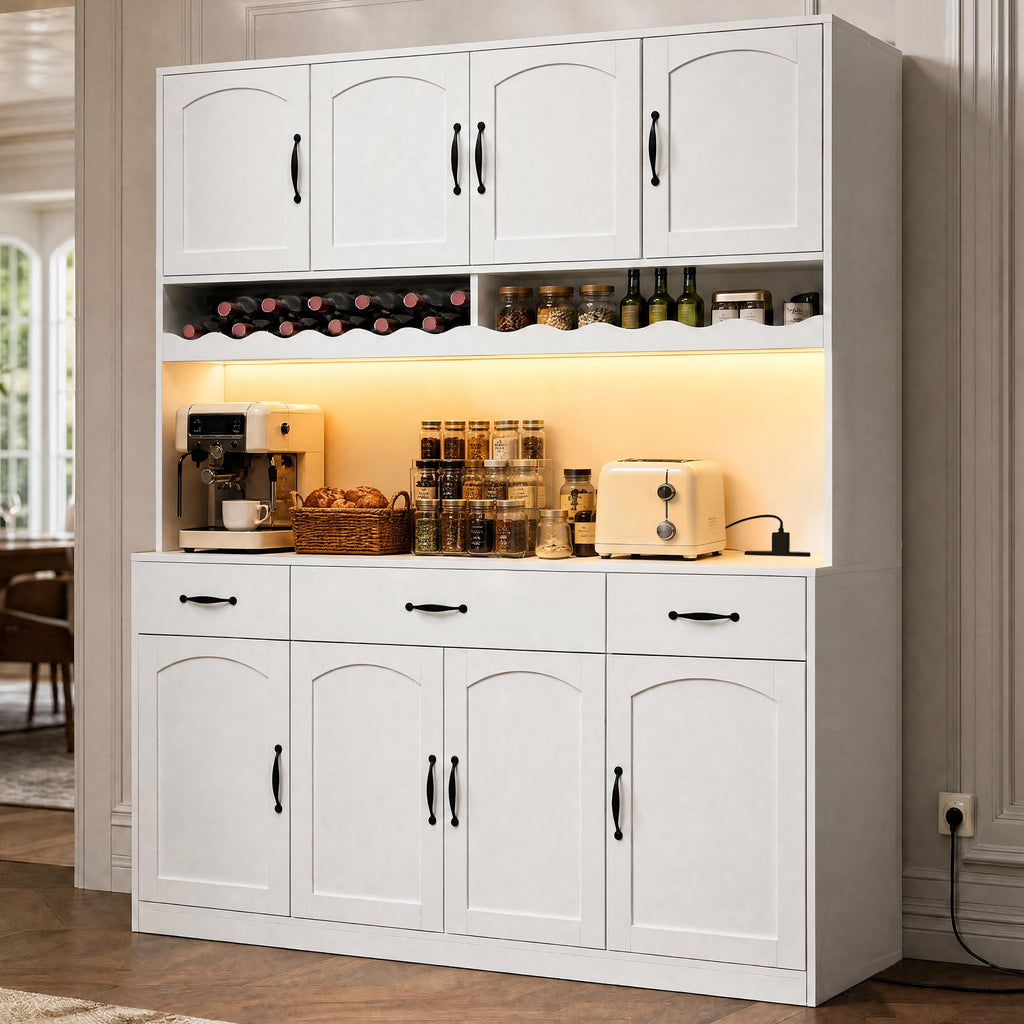 White 72" Tall Kitchen Pantry Cabinet with Charging Station 55" Wide Hutch with LED Light and Countertop