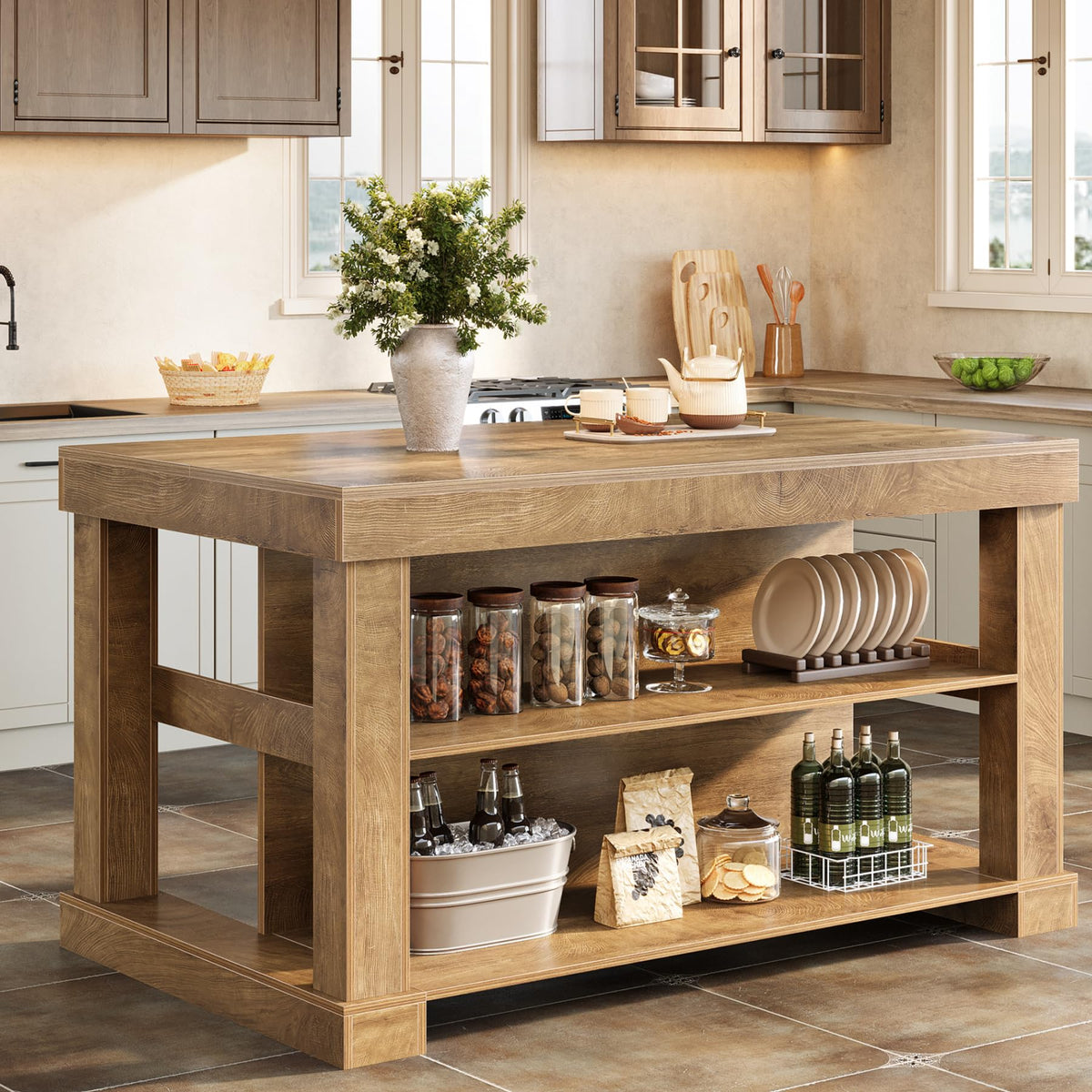 Tribesigns 55" Kitchen Island with Seating and Storage, 3-Tier, Modern