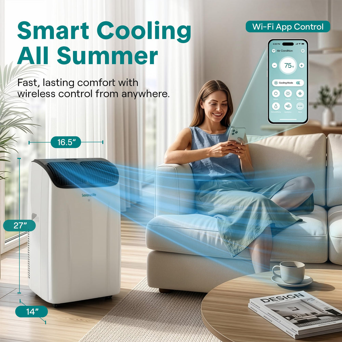 SereneLife 12,000 BTU Portable Air Conditioner with Dehumidifier, Heat, & Fan | Wi-Fi Enabled Portable AC Unit for Rooms up to 550 Sq Ft | Compact Standing Air Conditioner with Window Kit