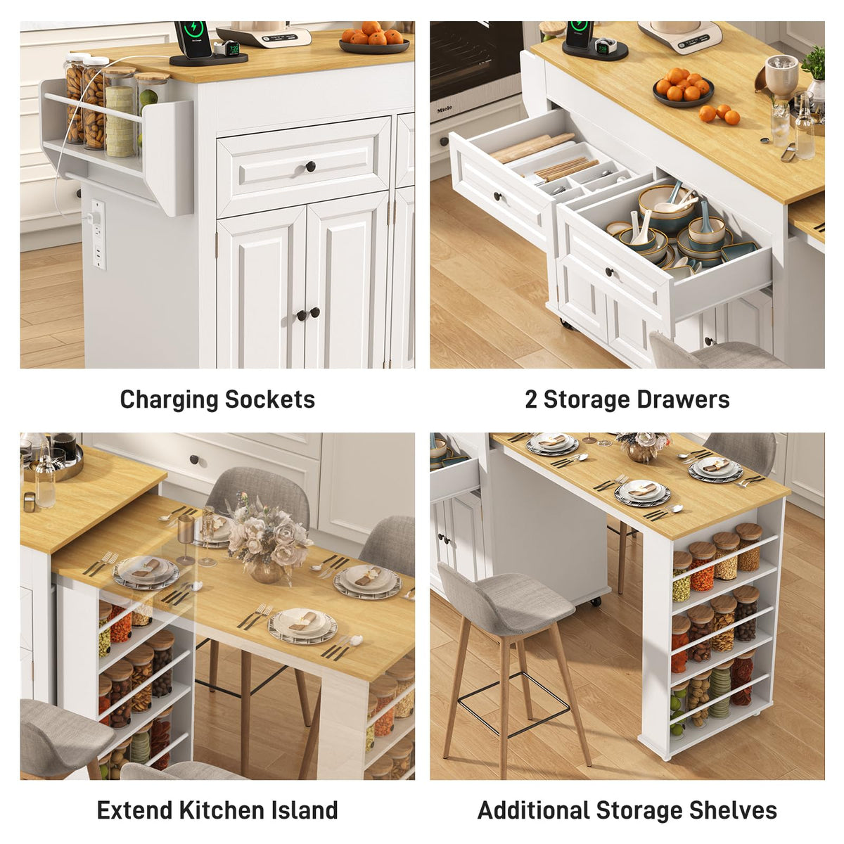 80"-48" Extendable Kitchen Island with Extended Dining Table and Power Outlet,Large Mobile Kitchen Storage Islands with 2 Storage Drawers,Rolling Islands Cart with 3 Extra Rows Open Shelves(White)