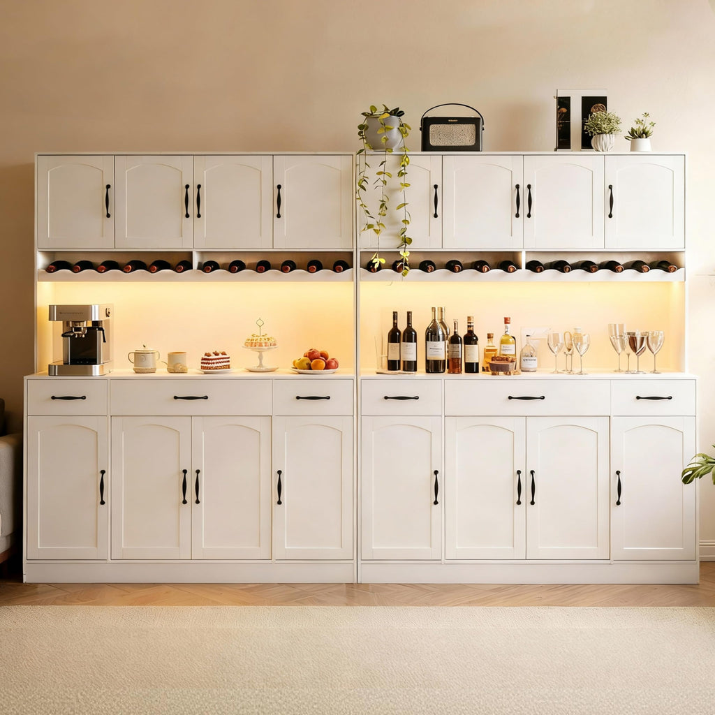 White 72" Tall Kitchen Pantry Cabinet with Charging Station 55" Wide Hutch with LED Light and Countertop