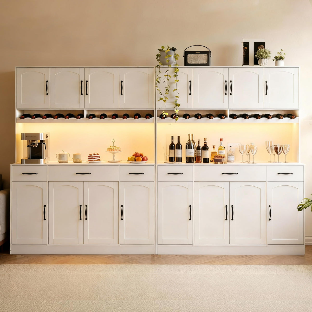 White 72" Tall Kitchen Pantry Cabinet with Charging Station 55" Wide Hutch with LED Light and Countertop