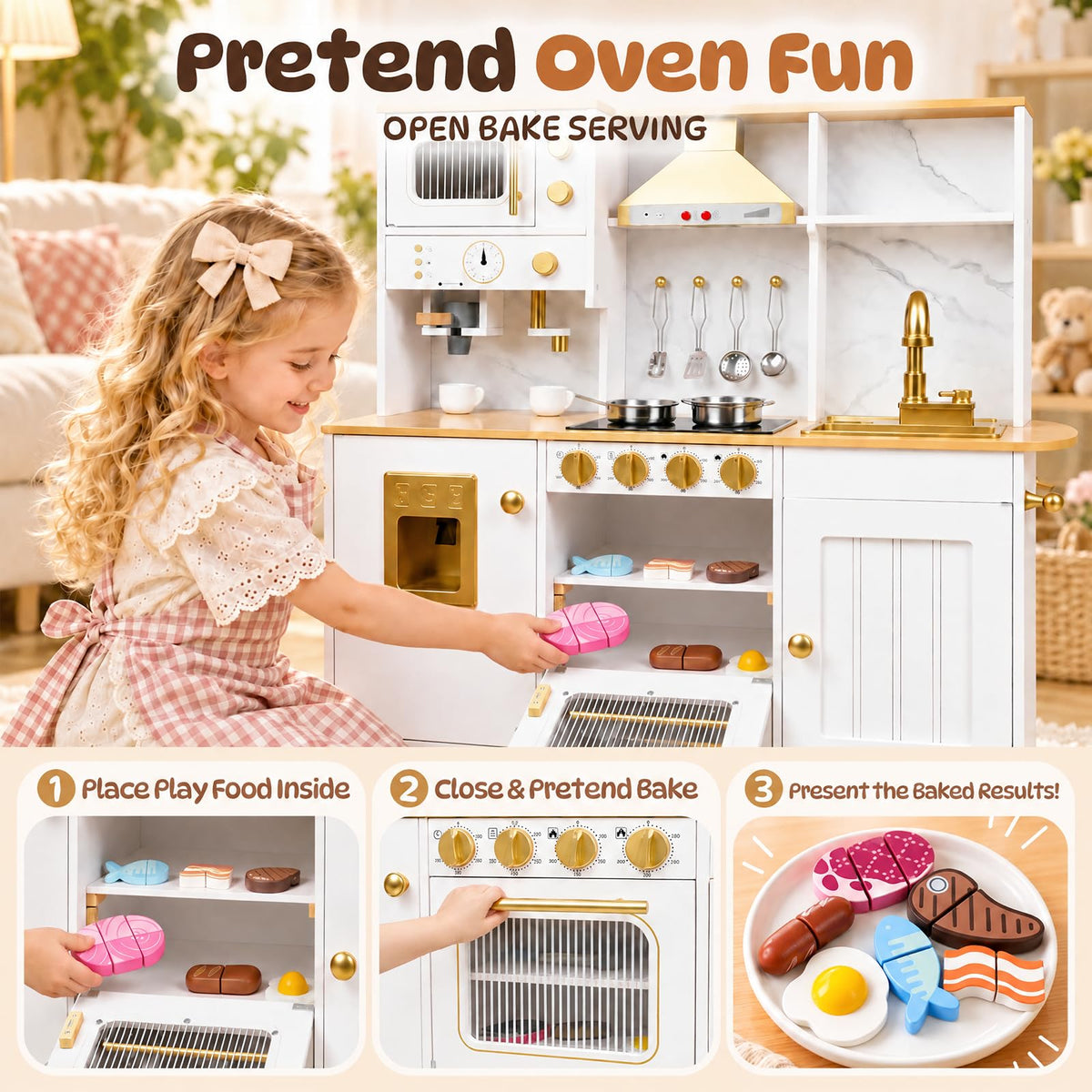 Wooden Play Kitchen for Kids with Real Running Water Sink, Light & Sounds, Ice Maker, Cuttable Play Food, Microwave, Oven & Coffee Maker, Pretend Kitchen Toy Set for Girls Boys Ages 3+, White