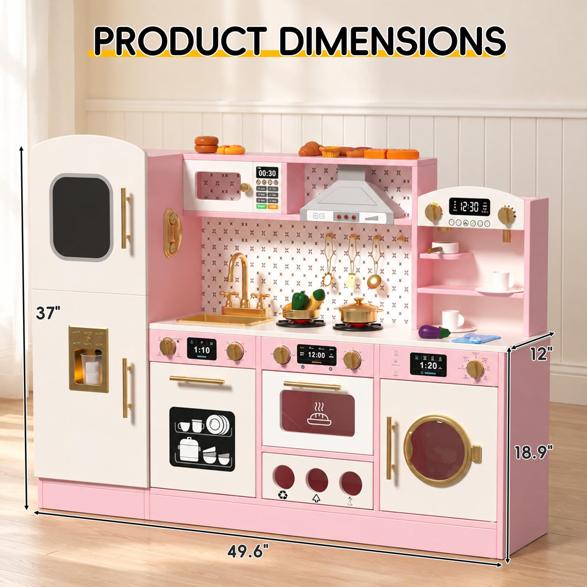 Wooden Play Kitchen for Kids, Pretend Kitchen Play Toy Kitchen Set(Ages 3+), Pink