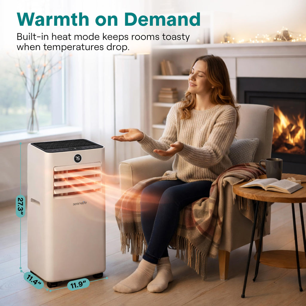 SereneLife 8000 BTU Portable Air Conditioner with Heat, Compact 4-in-1 Portable AC & Heater for Room Up to 350 Sq Ft with Dehumidifier & Fan Function, Remote Control, Window Mount Kit, 13" x 11" x 26"