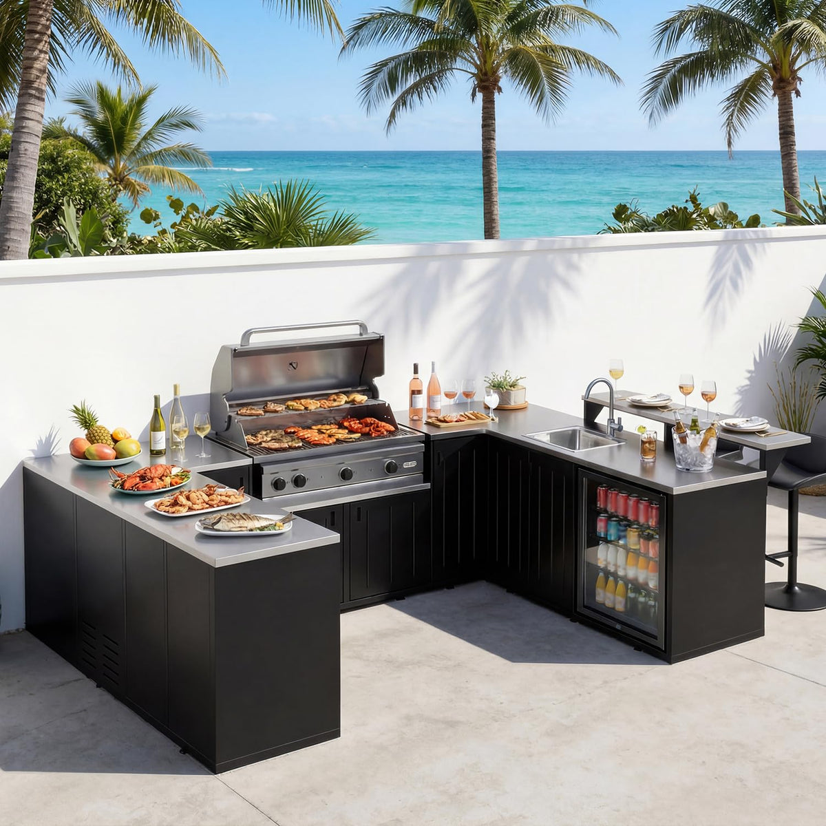 130“ Large Outdoor Kitchen Island for BBQ Gas Grill, Black
