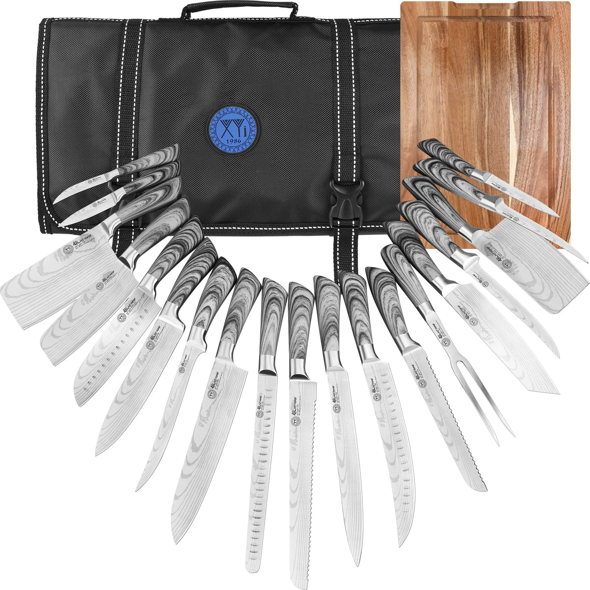 XYJ 19-Piece Kitchen Knife Set, Damascus Pattern Stainless Steel Blades, Ergonomic Grey Wood-Effect Handles, Multipurpose Professional Chef Knives for Cooking