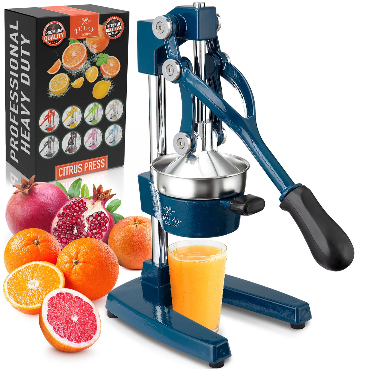 Zulay Kitchen Cast Iron Juicer, Orange Manual Juicer Press, 9-in-1, Blue