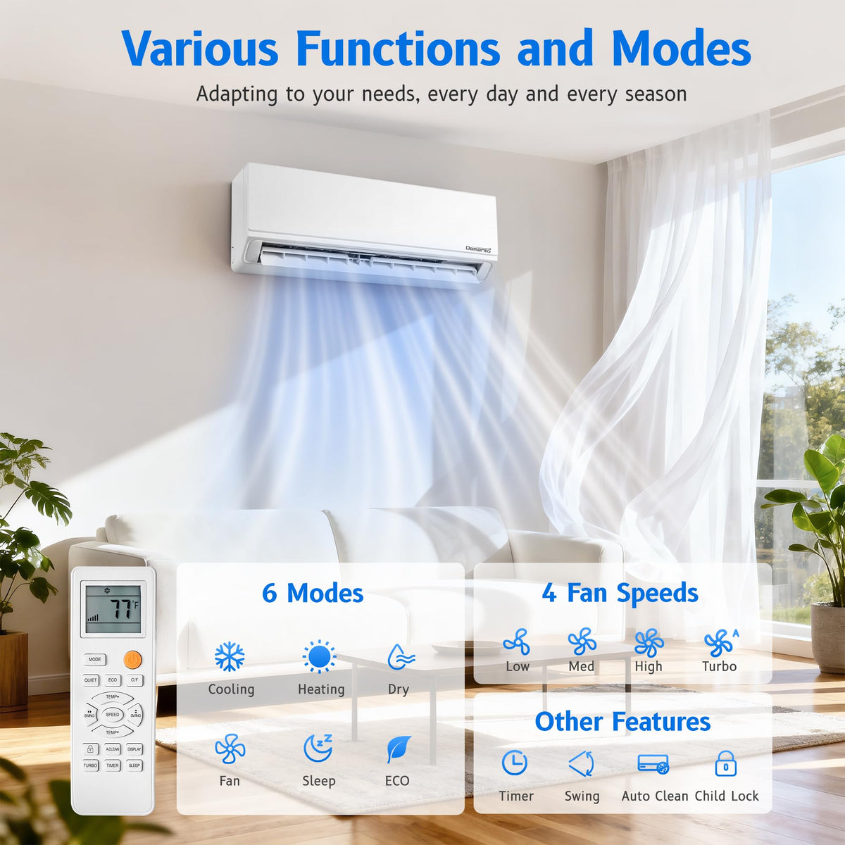 Domanki 12000BTU Mini Split AC/Heating System,Wall Mounted Air Conditioner
