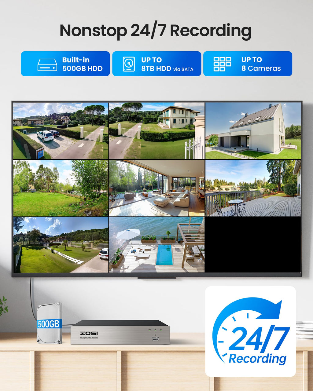 ZOSI 5MP Wired Security Camera System, 4pcs 1080p Pan/Tilt 360°View Cam