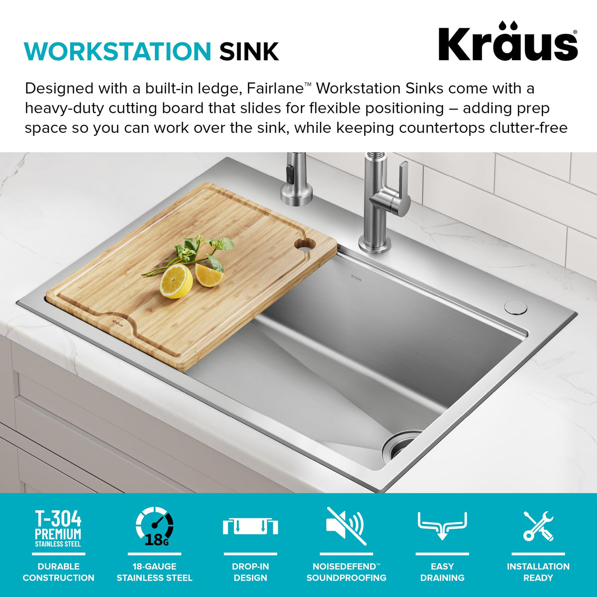KRAUS Fairlane 33 in Drop In/Top Mount Workstation Single Bowl 18-Gauge Stainless Steel Kitchen Sink with Accessories, KWT610-33