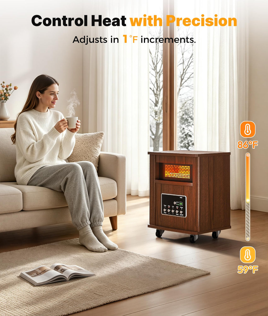 1500W Infrared Space Heater for Indoor Use with Wood Cabinet