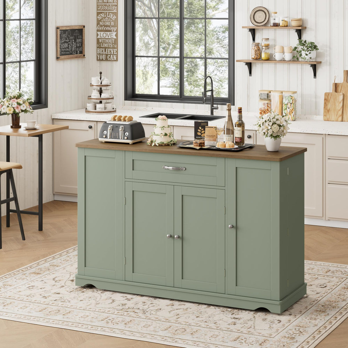 HOSTACK 47"W Kitchen Island Cart with Storage, Rolling Island Table, Green