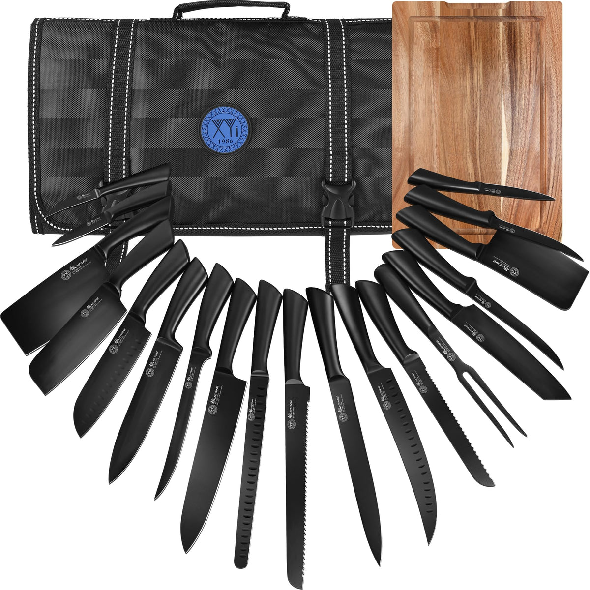 XYJ 19-Piece Kitchen Knife Set, Damascus Pattern Stainless Steel Blades, Ergonomic Grey Wood-Effect Handles, Multipurpose Professional Chef Knives for Cooking