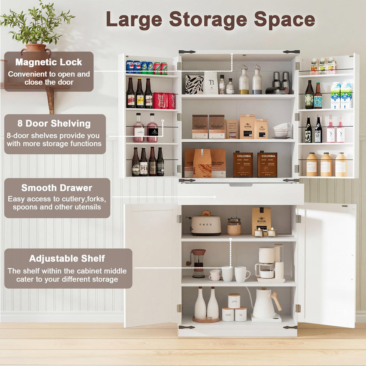 72" Kitchen Pantry Storage Cabinet with Doors and Shelves, Wood Farmhouse Pantry Storage with Barn Doors for Kitchen, Dining Room, Living Room