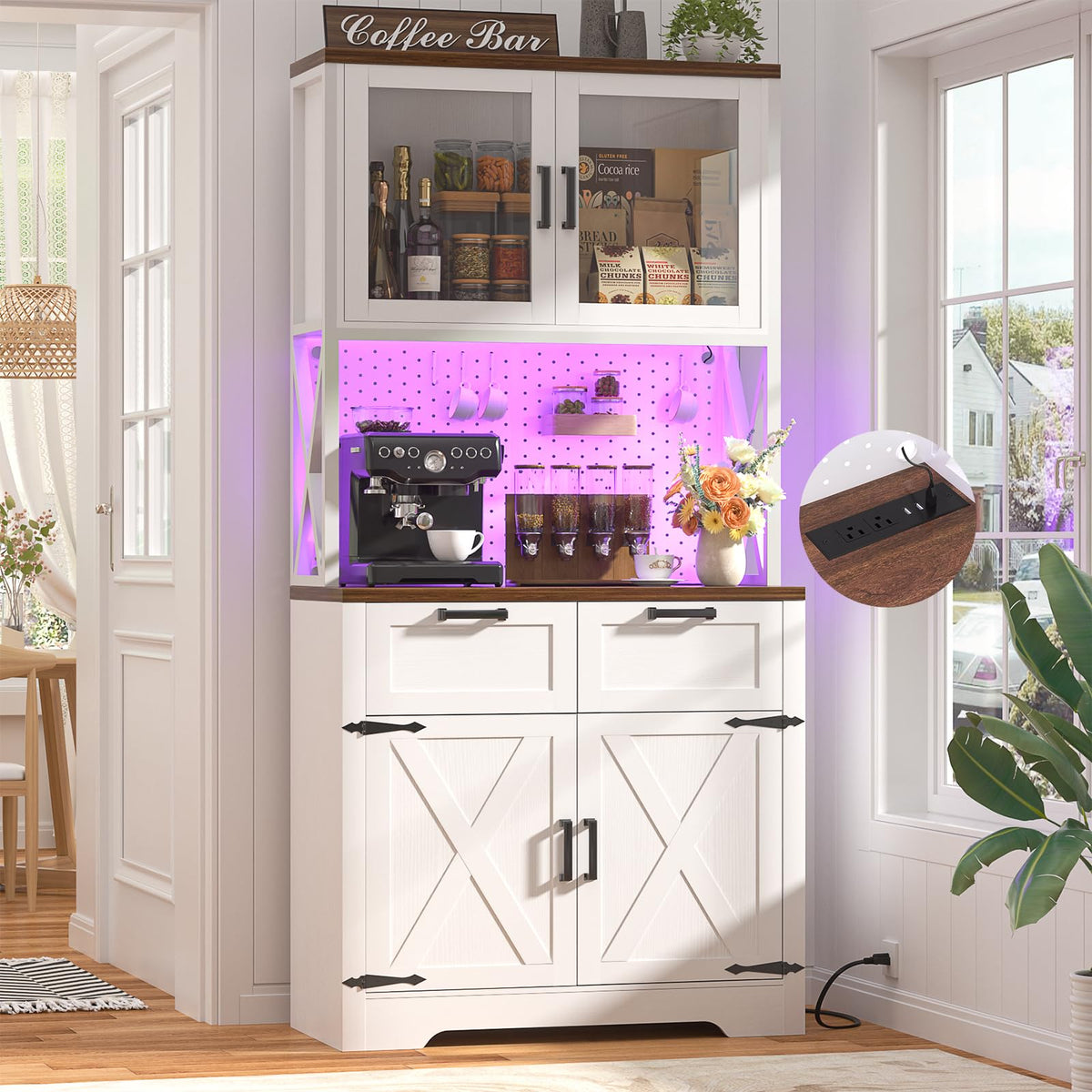 Unikito 71" Kitchen Pantry Cabinet with LED Light & Outlet, Microwave Stand