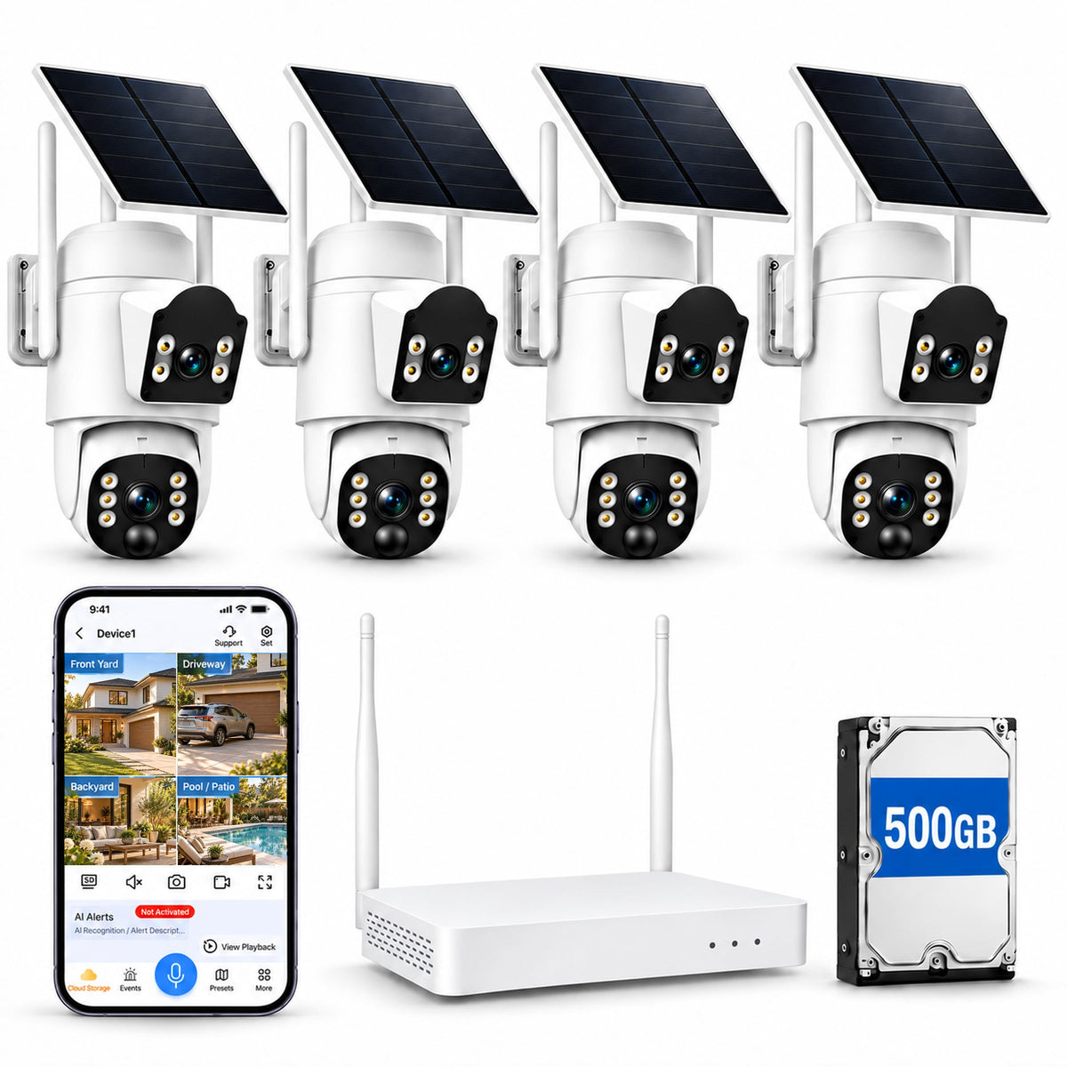 Camcamp Solar Security Cameras Wireless Outdoor, 4-Cam Home System with NVR