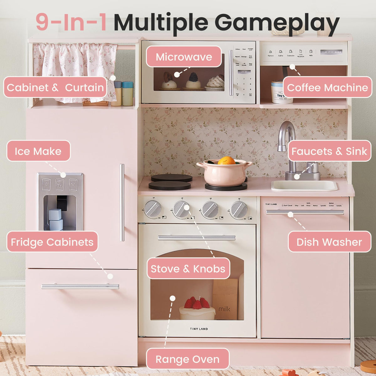 Tiny Land Wooden Play Kitchen for Toddlers, Kids Play Toy Kitchen Set