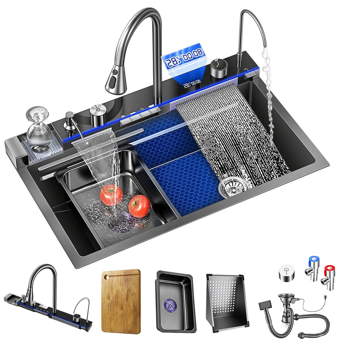 Smart Waterfall Kitchen Sink, 31.5"x17.7" Drop In Stainless Steel