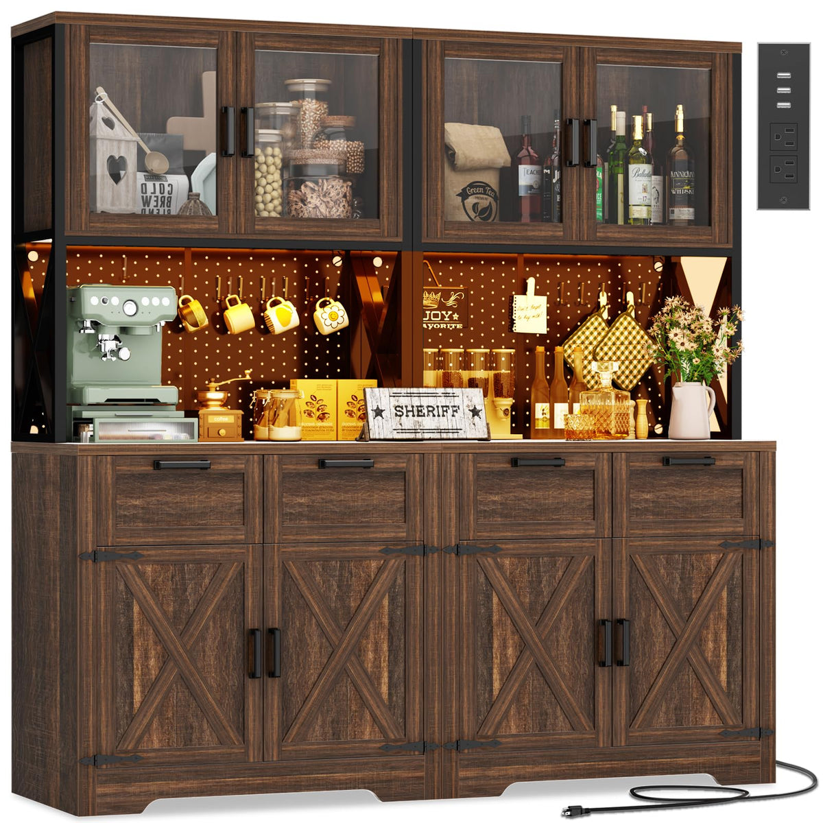 Unikito 71" Kitchen Pantry Cabinet with LED Light & Outlet, Microwave Stand