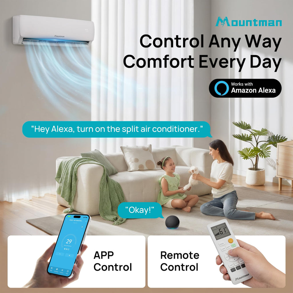 Mountman 12000BTU Mini Split AC/Heating System with WIFI & Alexa,115V 19 SEER2 Wall-Mounted Ductless AC Units up to 750 Sq.Ft,Energy Efficient Inverter Air Conditioner with Heat Pump,Installation Kit