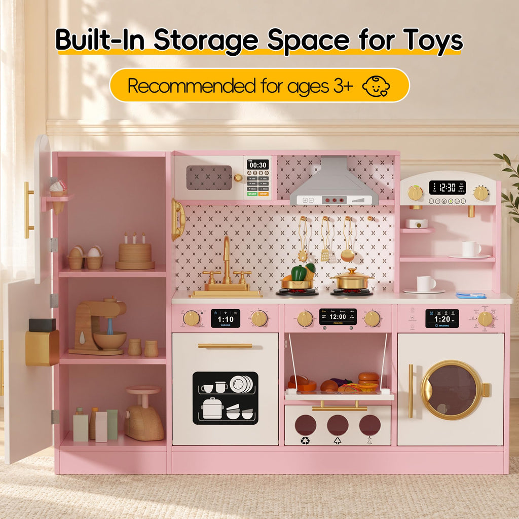 Wooden Play Kitchen for Kids, Pretend Kitchen Play Toy Kitchen Set(Ages 3+), Pink