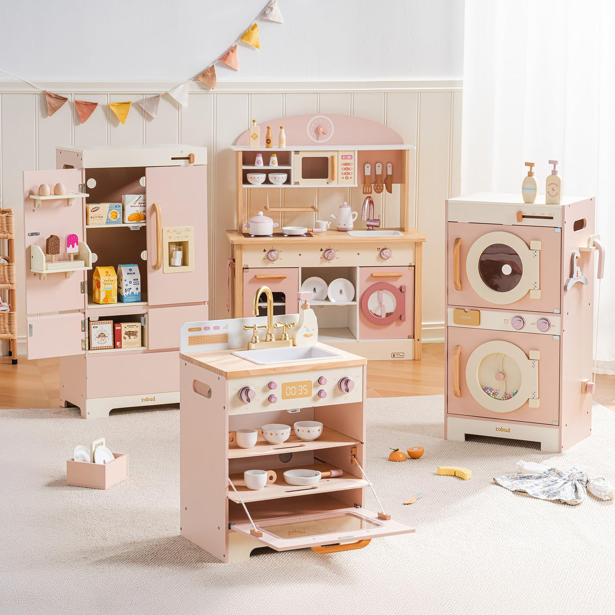 ROBUD 4-in-1 Wooden Play Kitchen Set with Fridge Washer Dishwasher