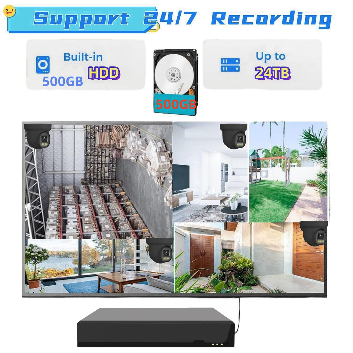 PoE Security Camera System Surveillance NVR Kits, 4pcs Cameras with Person/Pet/Vehicle Detection for 24-7 Recording（500GB HDD Inside）