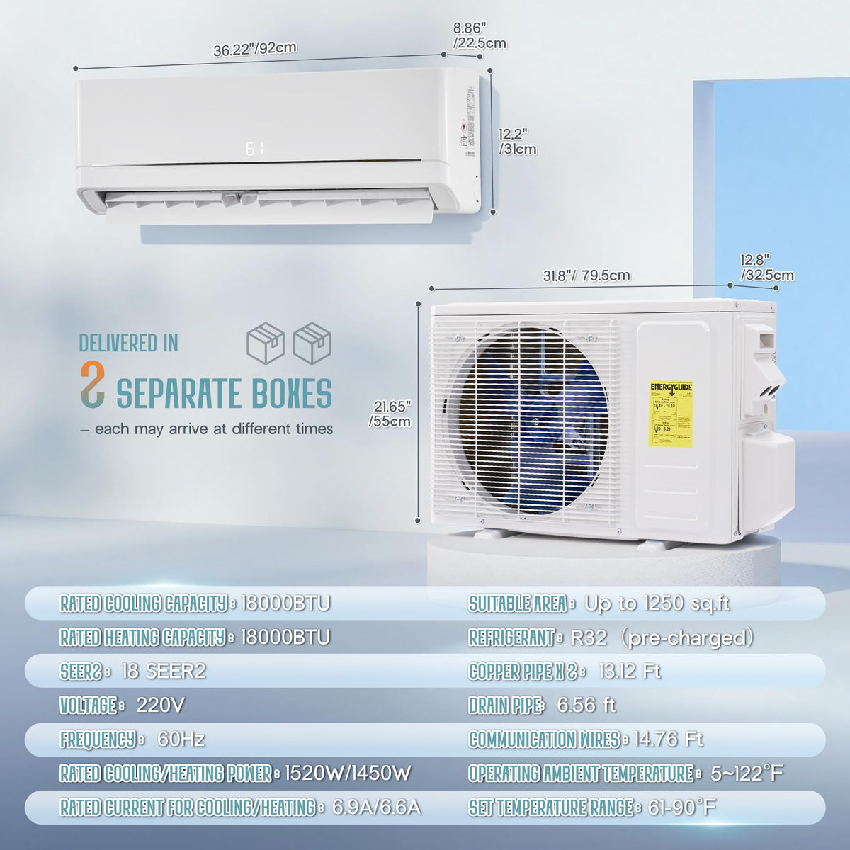 SPECRAFT 18,000 BTU Mini Split Air Conditioner and Heater, Energy-Efficient Inverter, SEER2 18, 220V, Self-Cleaning, Remote & App Control, Quick & Easy Installation, Cooling & Heating for 1250 Sq.Ft.