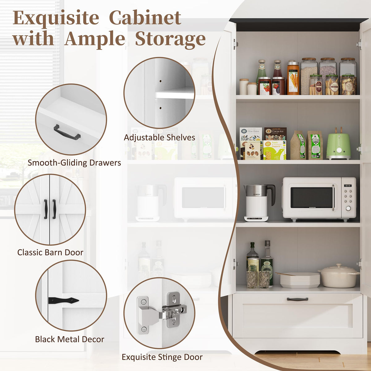 Shintenchi 65" Kitchen Pantry Cabinet, Farmhouse Storage, Pure White