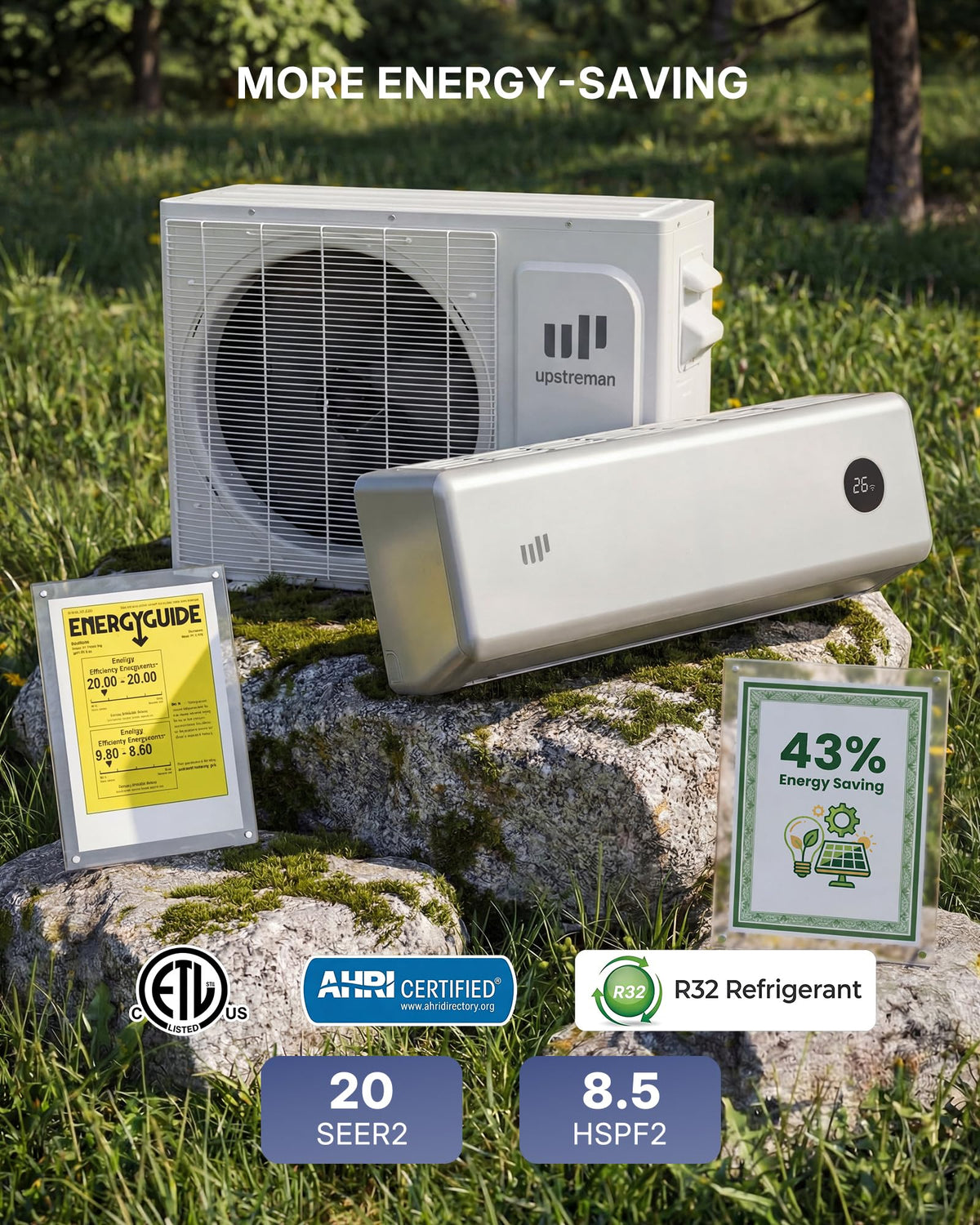 Upstreman 12000 BTU Mini Split AC/Heating System, 230V Silver Mini Split Air Conditioner, 20 SEER2 Ductless Split AC, Energy Efficient Inverter, WiFi Control, with Mounting Bracket, Up to 750 Sq.Ft