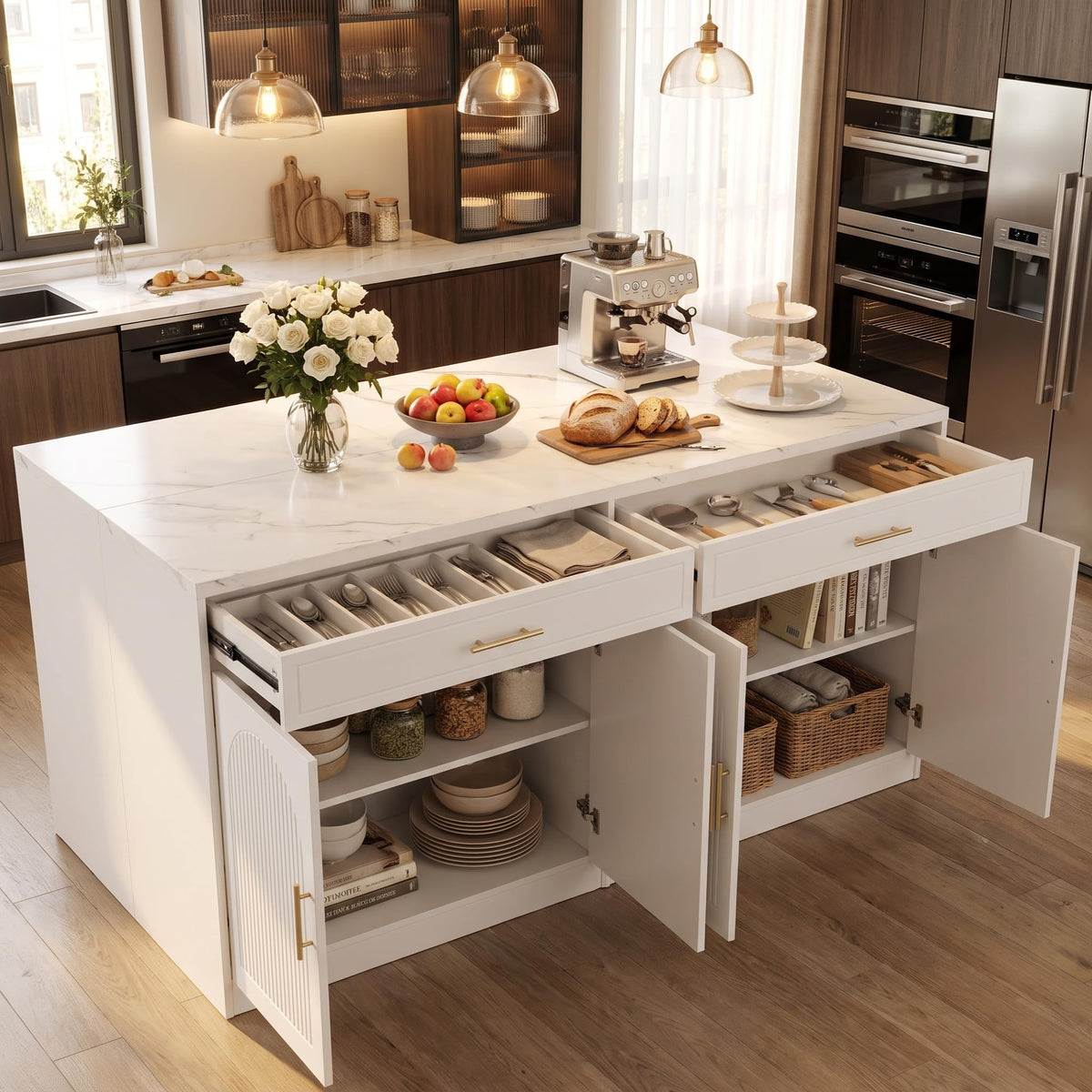 Tribesigns 71" Kitchen Island with Storage & Seating, White Faux Marble Top
