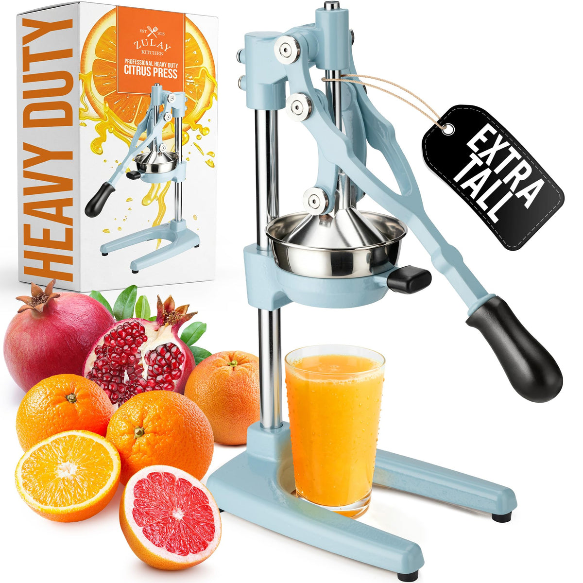 Zulay Kitchen Cast Iron Juicer, Orange Manual Juicer Press, 9-in-1, Blue